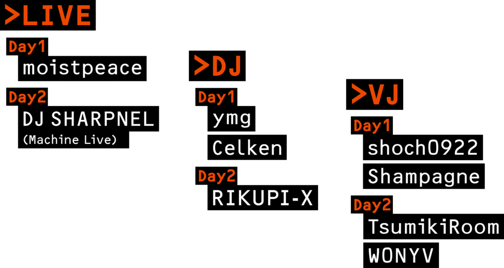 Day1 Artists

> LIVE
moistpeace [@moistpeace]

> DJ
ymg [@ymgmcmc]
Celken [@CelkenVRC]

>VJ
Shoch0922 [@shoch0922]
Shampagne [@Shampedelica]

Day2 Artists

> LIVE
DJ SHARPNEL (Machine Live) [@sharpnelsound]

> DJ
RIKUPI-X [@rikupi_vrc]

>VJ
TsumikiRoom [@tsumiki_room]
W0NYV [@W0NYV]